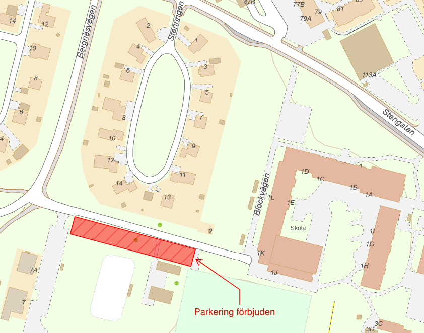 Parkering ej tillåten inom röd markerat område under byggtiden för att bussarna ska kunna ta sig fram.