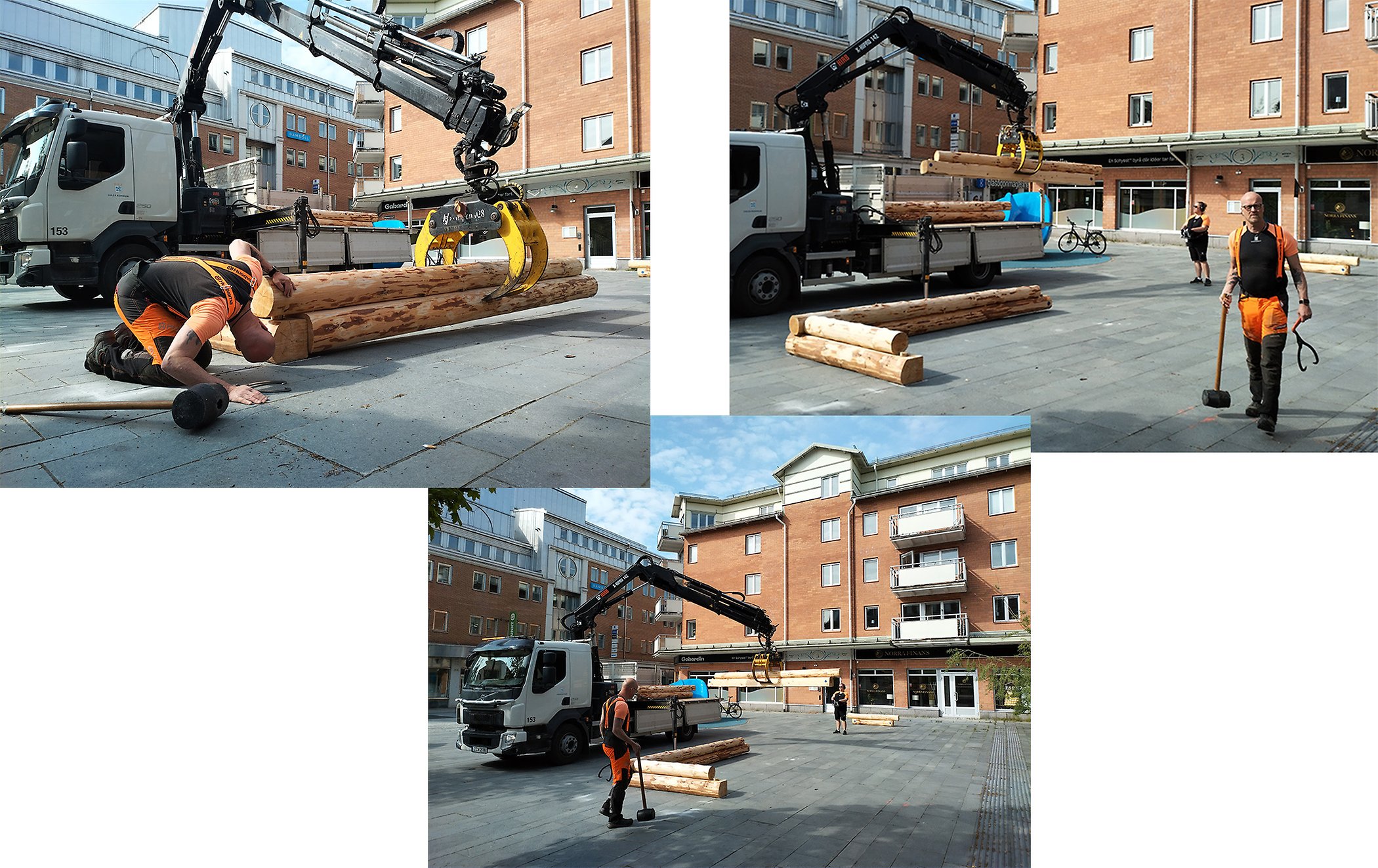 Här kommer bjälkarna från Björsbyn för avlastning på Köpmantorget. Anders Eriksson tog emot lasten för utplacering.