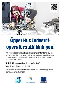 Inbjudan till Öppethus på industrioperatörsutbildningen den 25 september kl 16:00-18:00.