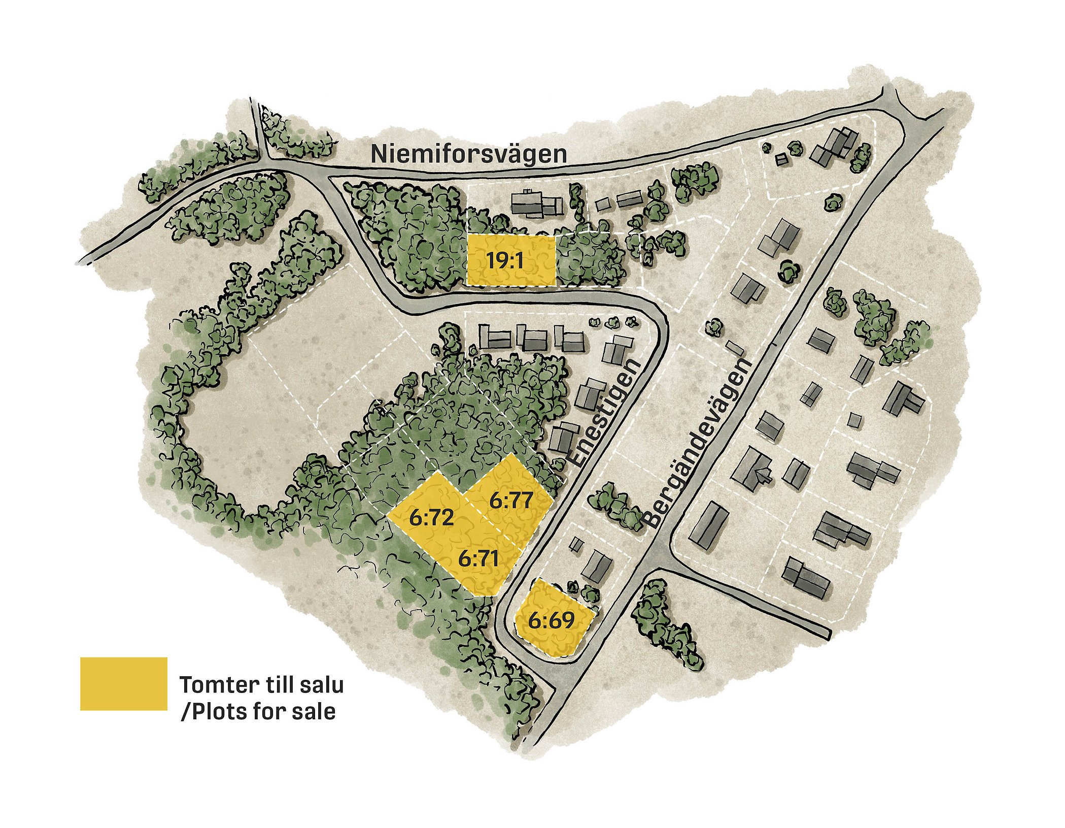 Illustrated map showing the plots for sale in the village centre of Niemisel.